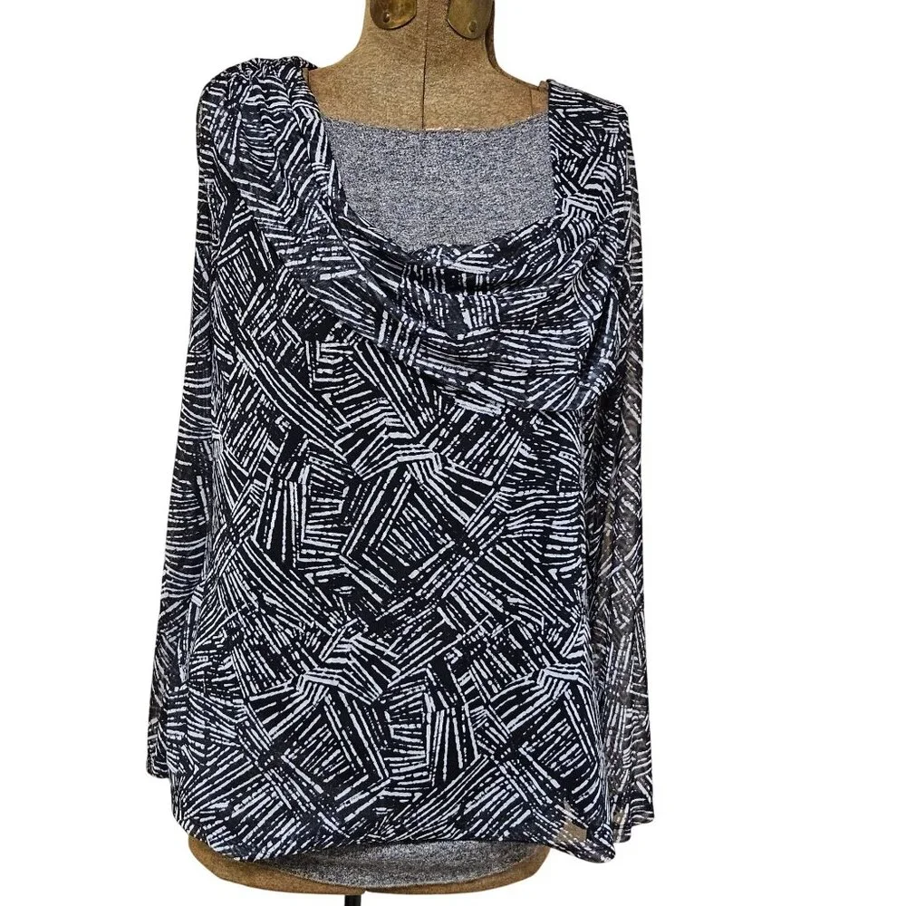 Ella Rafaella Blouse Womens Size 1X Black White Cowl Neck Top Abstract Print - Picture 1 of 8